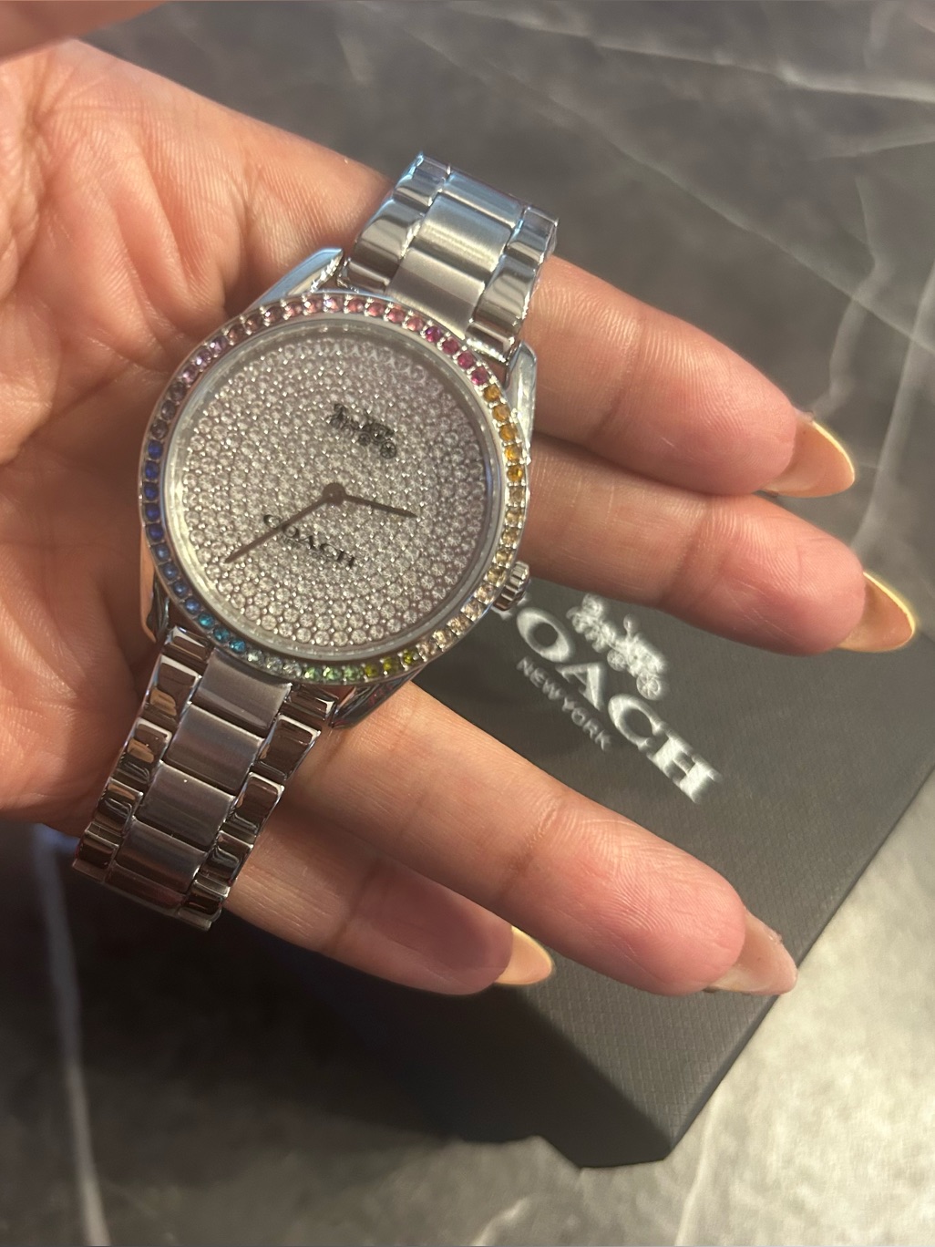 Coach SilverTone Watch With Rainbow Crystal Bezel
